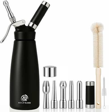 Dispensador profissional de chantilly de alumínio de 500 ml com 5 pontas de decoração - Máquina de chantilly com 2 escovas de limpeza - Recipiente de chantilly caseiro resistente, 1 litro (carregador