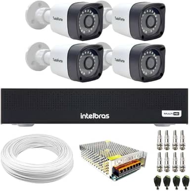 Kit 4 Câmeras Tudo Forte TF 2020 B Full HD 1080p Bullet com Visão Noturna 20M Proteção IP66 + DVR Gravador Intelbras MHDX 1104-C 4 Canais
