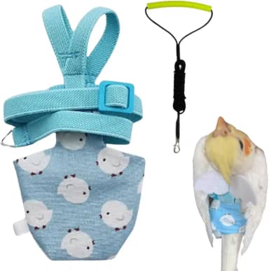 Arreio de fraldas ajustável para pássaros roupas de terno de voo com corda de coleira voadora de 203 cm para papagaios, calopsita conure (azul, M)