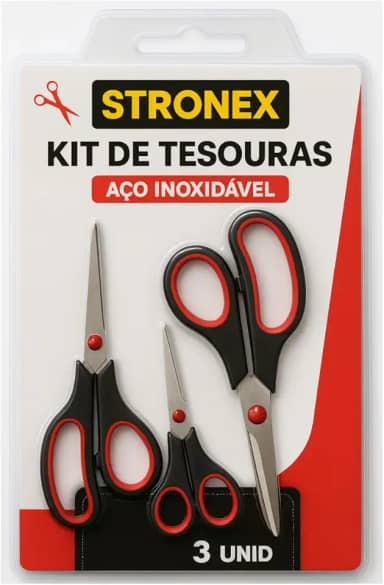 Kit de Tesouras Profissionais, 3 Unidades, Aço Inoxidável, 5 e 8 Polegadas, Cabos Ergonômicos, Uso Geral, Multifuncional e Cozinha, Design Anatômico