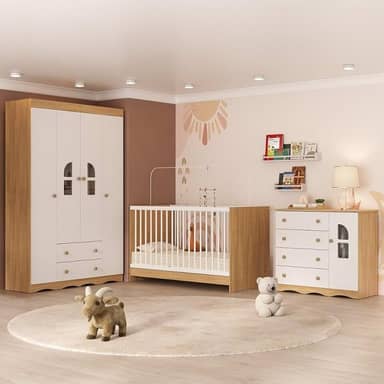 Quarto de Bebê Completo com Berço 3 em 1 para Colchão 130x60cm Liz Multimóveis Mp4551 Madeirado/branco