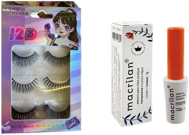 Kit Cartela 3 Pares de Cíilios Postiços + Cola Para Cilios Incolor A Prova Dagua Profissional