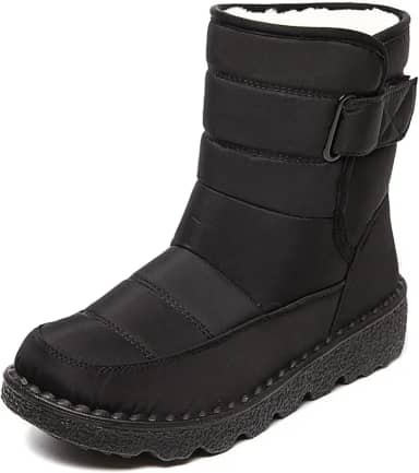 Botas de neve femininas de tecido impermeável com gancho e laço, confortável, bico redondo, forro de pelúcia, sem cadarço, botas de inverno impermeáveis para atividades ao ar livre, montanhismo, lazer