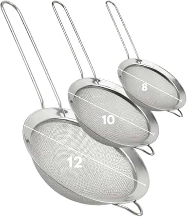Kit com 3 Peneiras de Cozinha Inox com Alça – Tamanhos 8cm, 10cm e 12cm – Para Coar, Peneirar e Lavar Alimentos com Facilidade - Premium