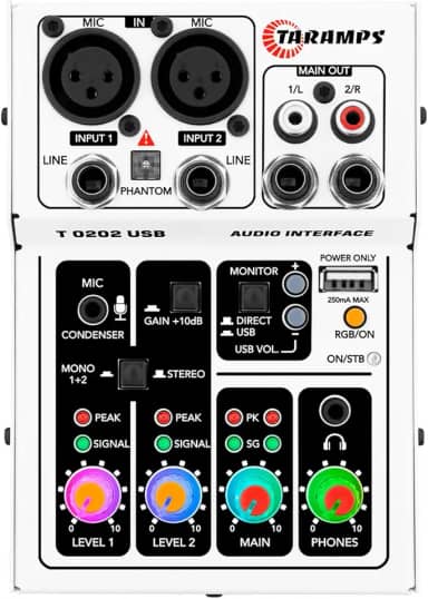 Interface de Audio Stereo USB Taramps T0202 Branca Led RGB Gamer Streaming Podcasts Live Gravação Studio Computador PC Notebook Placa De Som Alinhamento Phantom Power RCA XLR P2 P10