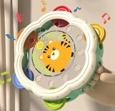 Pandeiro Musical Infantil com Design de animais, Brinquedo Educativo Sensorial para Bebês, Chocalho Colorido com Notas Musicais, Tambourine Decorativo
