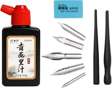 Kit 2 Canetas Nanquim 5 Pontas Bico Pena + Tinta Nanquim 100 ml