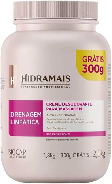 Creme Massagem Drenagem Hidramais - Deslizamento Profissional 1.8 KG + 300G - Corporal Desodorante Não Oleoso