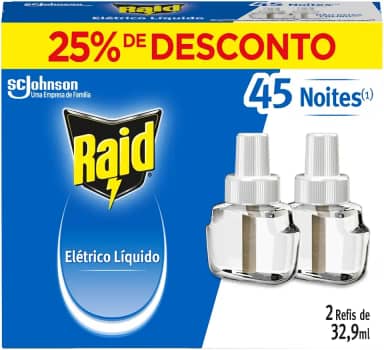 Raid Repelente Eletrico Líquido, 45 Noites, 2 Refis de 32,9ml