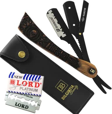 Navalhete para Barba Navalha Profissional Cabo Madeira Nobre Talhada Aço Inox + Case Dilcintia