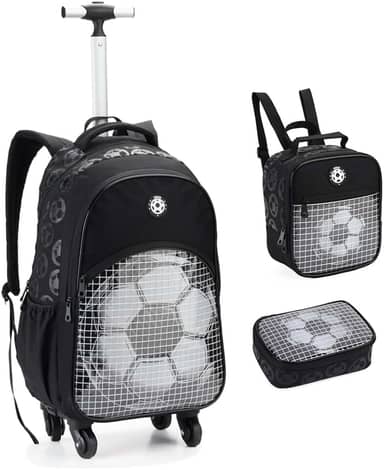 Kit Mochila Escolar com Rodas 360º, Lancheira e Estojo, Design Futebol, Compartimentos Múltiplos, Alça Telescópica, para Meninos, Cor Preta