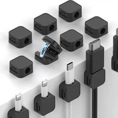 Pacote com 12 clipes magnéticos para cabos, clipes de gerenciamento de cabos de mesa, organizador de cabos para casa, escritório, telefone, parede, mesa de cabeceira, preto