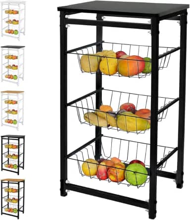 Fruteira De Chao Cozinha Tampo Madeira Florenca de Ferro Cor:Preto/Preto