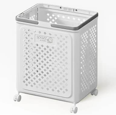 Cesto de Roupa Suja Dobrável 49L com Rodízios 360° e Alças Ergonômicas – Ocupa Apenas 8cm Dobrado, Ventilado, Multiuso para Roupas, Brinquedos e Outros Itens, Plástico Reforçado, Cor Branca