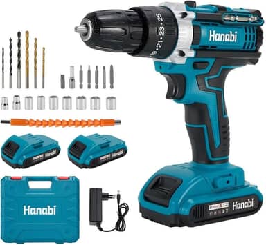 Hanabi Furadeira e Parafusadeira de Impacto Sem Fio 21V com LED 2 Baterias 2.0Ah 35N.m e Carregador Bivolt e Maleta 10mm, 1700 RPM