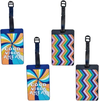 Kit 4 Tag de Bagagem Identificador de Mala de Viagem Férias Avião Etiqueta de Silicone Premium (GOOD VIBES + COLORIDO, TAG)