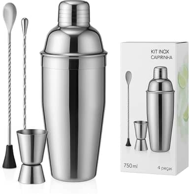 Kit Caipirinha Profissional, Coqueteleira modelo Cobbler, Aço Inox, 750m, 4 peças | Drinks, Cocktails, Batidas (INOX)