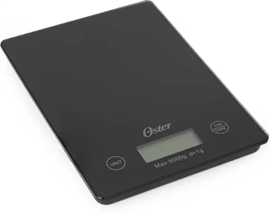 BALANÇA DE COZINHA DIGITAL DE MESA PARA USO DOMÉSTICO WESTMAN - TAMPO EM VIDRO, DISPLAY MONTADO NO CORPO DA BALANÇA E CAPAXIDADE MÁXIMA DE 5000 GRAMAS - 21,5cm x 15,4cm x 2,6cm - OSTER