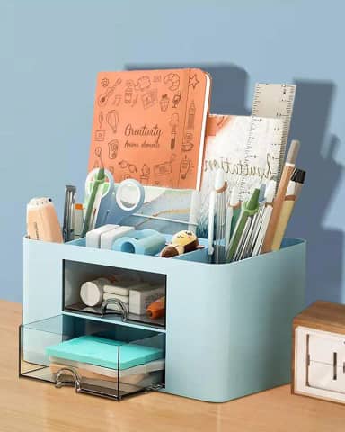 Organizador de mesa transparente de grande capacidade com gavetas - Caixa de armazenamento criativa minimalista para mesa de escritório, design transparente (azul) BLC1487-01