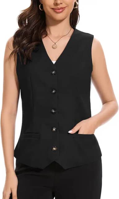 Colete feminino de linho, leve, gola V, bolso 2025, trabalho, casual, abotoado, sem mangas, colete de verão