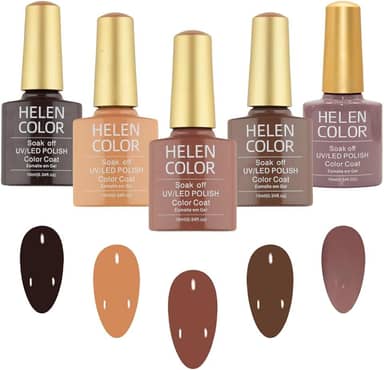 HELEN COLOR Kit 5 Esmaltes em Gel UV/LED Soak Off Brilhoso 10ml Cada Fórmula Profissional para Manicure Alta Durabilidade Secagem em Cabine (Marrom)