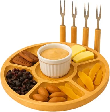 Kit Petisqueira Redonda Para Frios Queijo C/Molheira Ramekin e Garfinhos Inox Cabo Madeira P/Petiscos