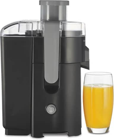 Hamilton Beach Máquina de suco HealthSmart, extrator centrífugo compacto, calha de alimentação de 6 cm para frutas e legumes, fácil de limpar, livre de BPA, 400W, preto e cinza (67502)