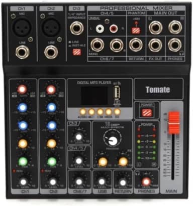 Mesa de Som Profissional Bivolt 7 Canais - Mixer de Áudio Bluetooth, MP3 e USB Com Efeitos, Equalizador e Phantom Power, Console de Mixagem Para Podcast, Igreja, Karaokê e Live (TYT-007)