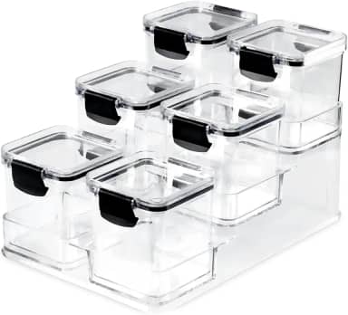 Kit 6 Potes Herméticos Mini Block Plasnorthon 260 ml Porta Temperos Para Cozinha e Bancada Com Suporte em Acrílico