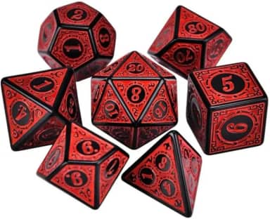 Kit 7 Dados Rpg Runas Pretas c/n° Vermelho D4 D6 D8 D10 D10% D12 D20