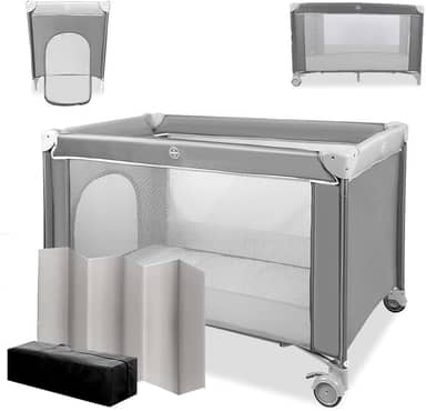 (Sem Colchão)Dobrável, 125 x 65 x 77cm, Bed com rodas, Confortável E Compacto, Chiqueirinho, Cinza, Portatil Sleep Cinza, com Bolsa de Armazenamento, Altura não ajustável, Vem com Uma Tábua Acolchoada