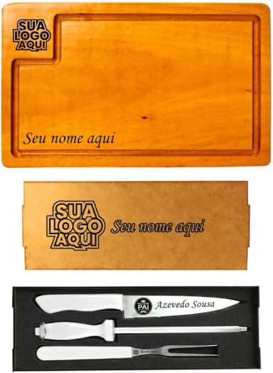Kit Churrasco Premium Personalizado, Tábua de Corte em Madeira Nobre, Conjunto com Faca, Garfo e Chaira em, Estojo MDF e Sacola para Presente