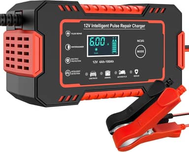 Carregador de Bateria 12V 6A Inteligente com Carga Lenta, Desulfatador e Compensação de Temperatura para Carro, Moto, Caminhão, Barco e Baterias de Chumbo-Ácido (Vermelho)