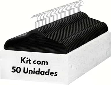 Cabide De Veludo Preto Adulto Ultrafino Slin Antideslizante Kit com 50 Un.Cabides 360°Graus Para Roupas Casacos Camiseta Calça Reforçado