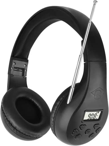 ZHIWHIS Rádio portátil FM, fone de ouvido estéreo com LCD, dobrável, receptor de conferência de bolso, fones de ouvido pequenos sem fio/com fio operados por 2 pilhas AA para caminhar/correr ZWS-600