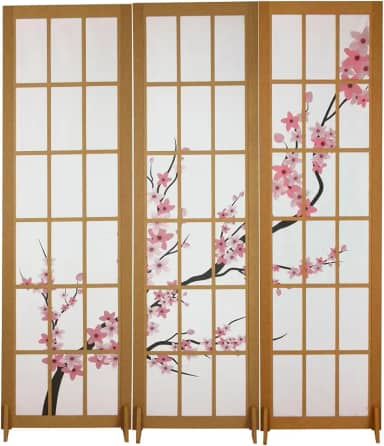 Biombo Divisoria MDF Oriental Japonês Divisor Ambiente Cerejeira Reto (3 Folhas)