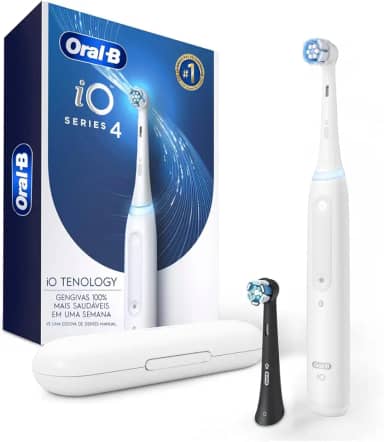 Oral B iO Series 4, Escova de Dentes Elétrica, Sensor de Pressão, Cabo Ergonômico e Estojo, Branca 100-240V com 2 Refills