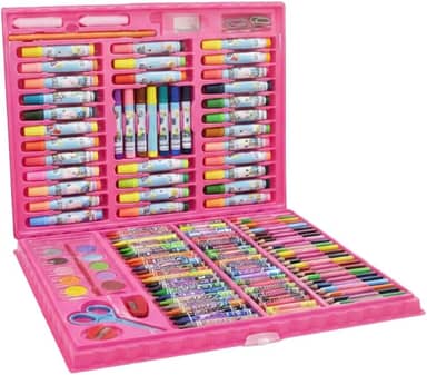 Maleta de Pintura Infantil Completa Rosa com 150 Peças - Kit de Desenho com Giz, Lápis e Aquarela para Crianças