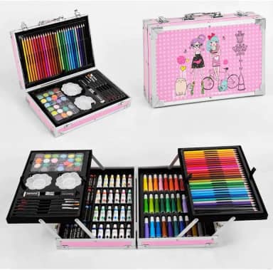 Kit de Arte e Desenho Infantil, 145 Peças, Maleta Rosa com Lápis, Tintas e Acessórios