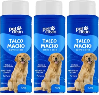 Pet Clean Talco Banho a Seco para Cães Machos, 100g, Reduz Oleosidade e Neutraliza Odores, Kit com 3 Unidades