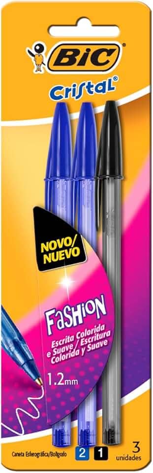 Caneta Esferográfica BIC Cristal Fashion com 2 Azul e 1 Preta, Ponta Média de 1,2mm, Escrita Macia, 878655