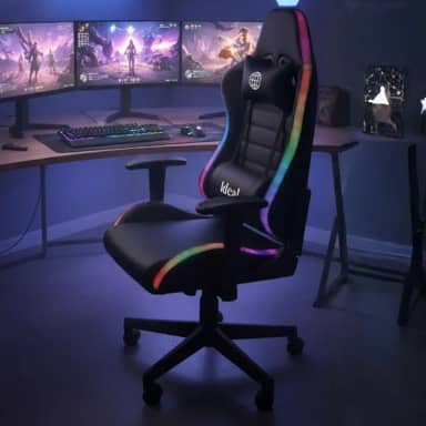 Cadeira Gamer RGB Giratória – Ergonômica, Reclinável 180°, Couro Sintético Premium, Estrutura Metálica Reforçada, Luzes com Controle Remoto, Base de Nylon e Rodas PU