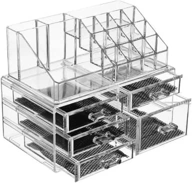 Organizador de Maquiagem Acrílico 5 Gavetas 16 Divisórias Transparente Porta Batom Cosméticos Pincéis Esmaltes e Joias