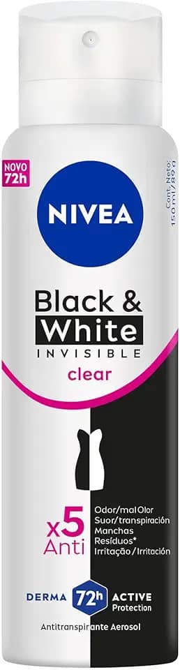 NIVEA Desodorante Antitranspirante Aerossol Invisible Black & White Clear 150ml - Proteção prolongada de 48h, cuidado suave, ação antibacteriana, fórmula 5 em 1: anti-manchas, anti-odor