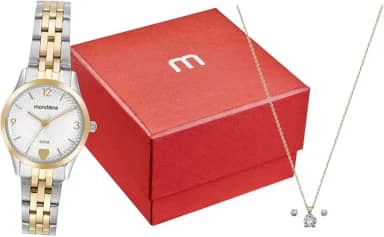 Kit Relógio Feminino Prata e Dourado Detalhe Coração Com Semijoias 32795LPMKBE3K1