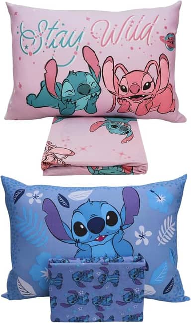 Kit com 2 Jogos de Lençol Infantil Lilo & Stitch Disney – Malha, Estampas Azul e Rosa, Lençol com Elástico, Antialérgico Oficial