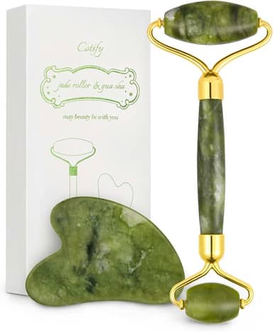 Conjunto de rolo de jade e Gua Sha, rolo facial, rolo facial antienvelhecimento Cotify, ferramenta massageadora de beleza de jade verde natural, ferramenta de cuidados com a pele para rosto, pescoço,