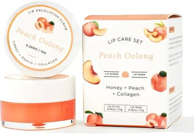 Conjunto de máscara labial e esfoliante (pêssego + mel + colágeno), hidratante noturno para cuidados com lábios rachados e secos, kit hidratante e esfoliante de açúcar, presente para mulheres