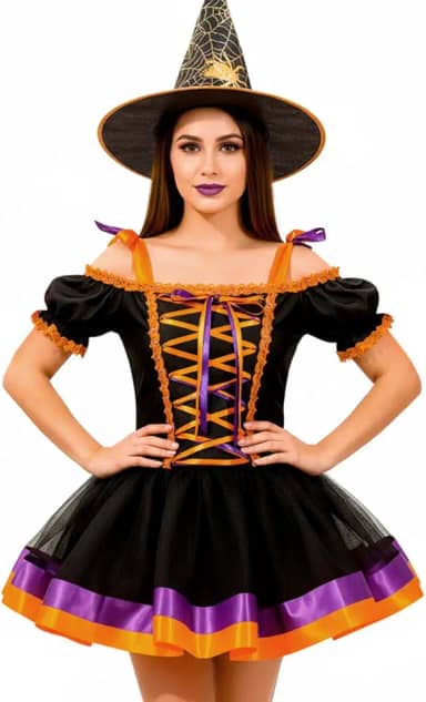 Fantasia Adulta Feminina de Bruxa Vestido de Halloween Com Corselet Ajustável e Saia Volumosa Afina a Cintura