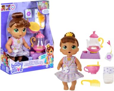 Baby Alive Festinha do Chá Sophia Sparkle boneca morena em plástico, brinquedo infantil interativo com acessórios de chá, para crianças a partir de 3 anos